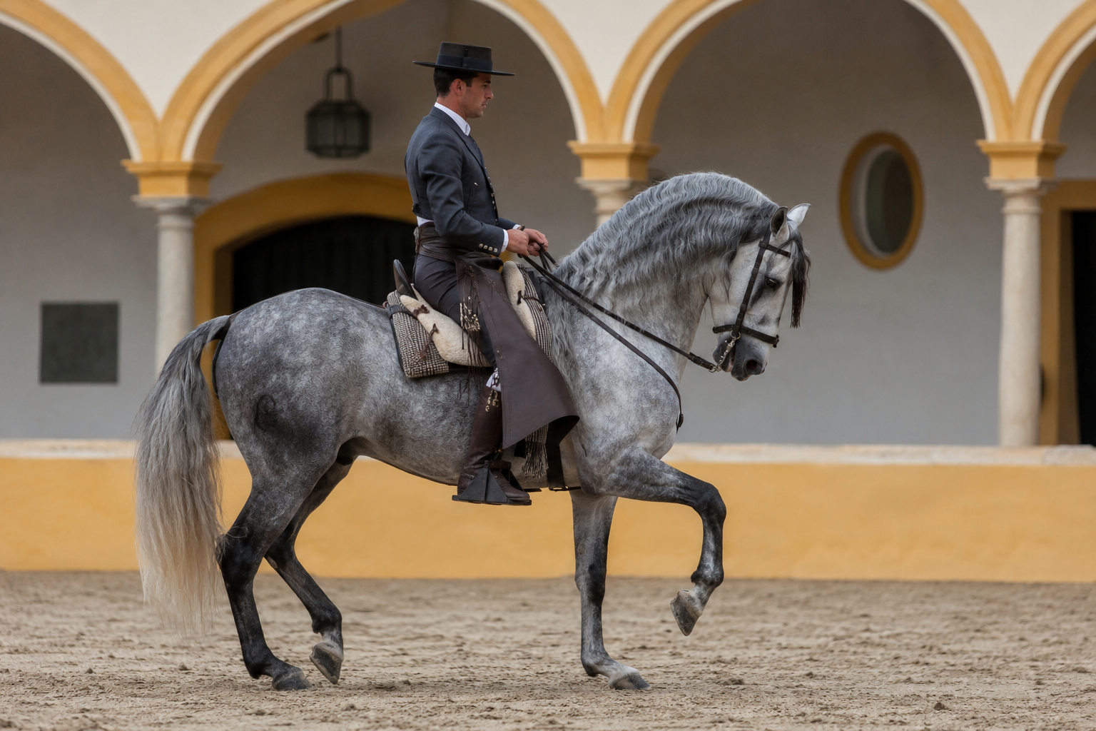 Cheval Andalou gris monté en dressage, attitude rassemblée
