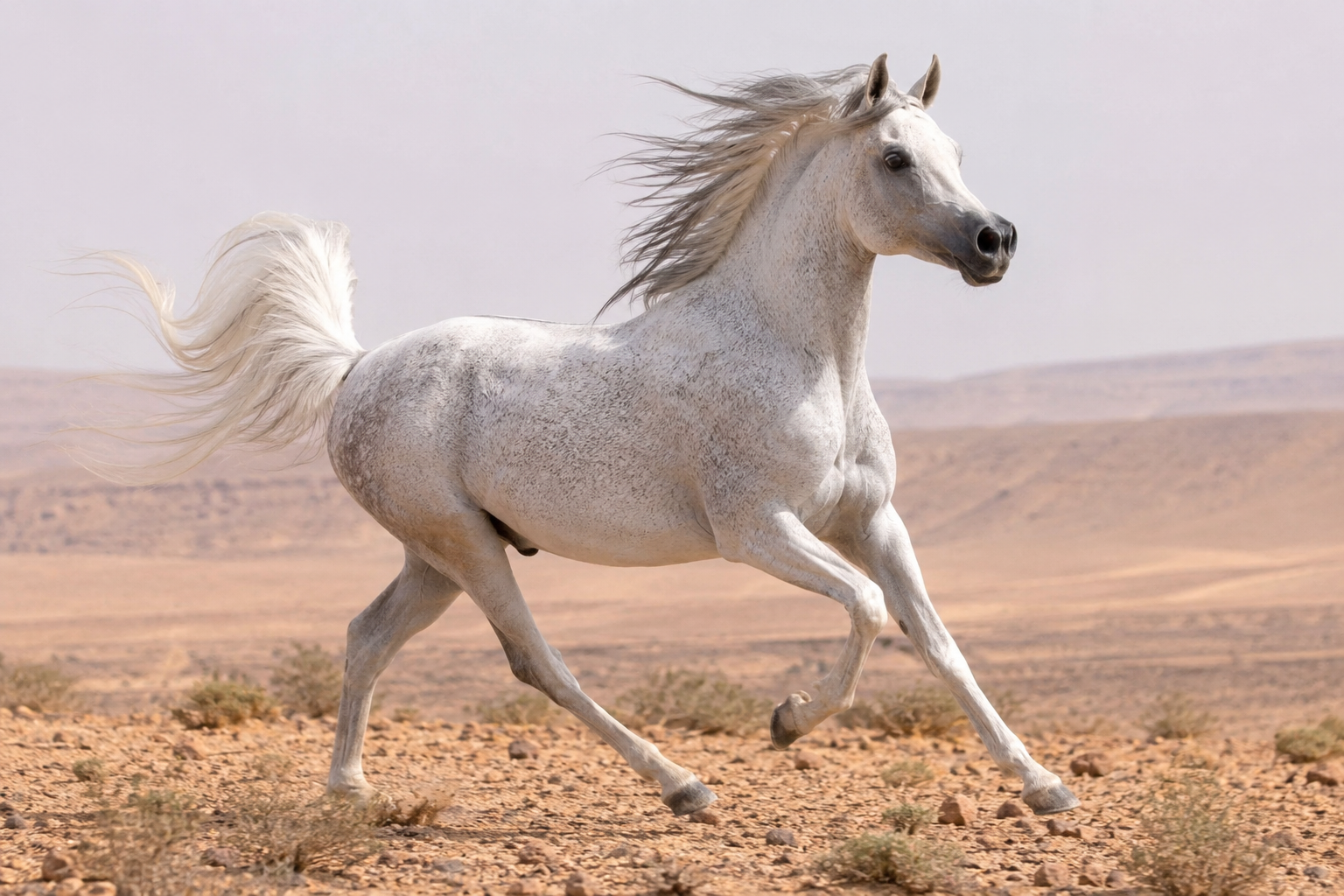 Pur-sang arabe gris au galop en liberté dans le désert