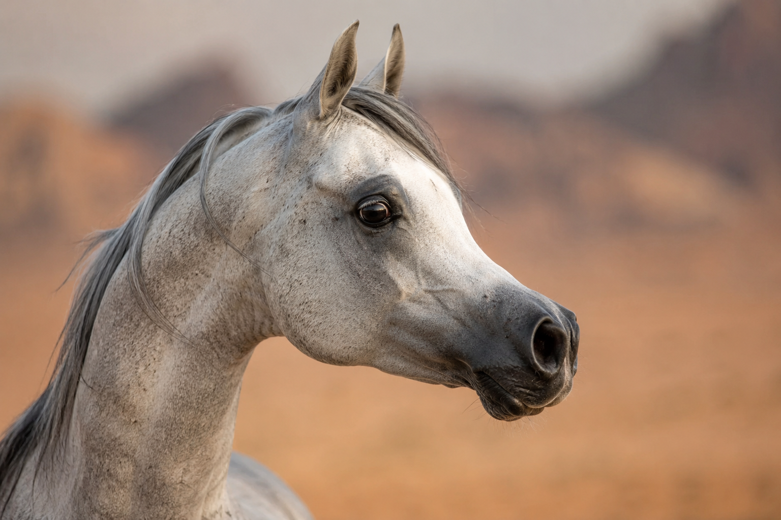 Gros plan de la tête d'un Pur-sang arabe au profil concave