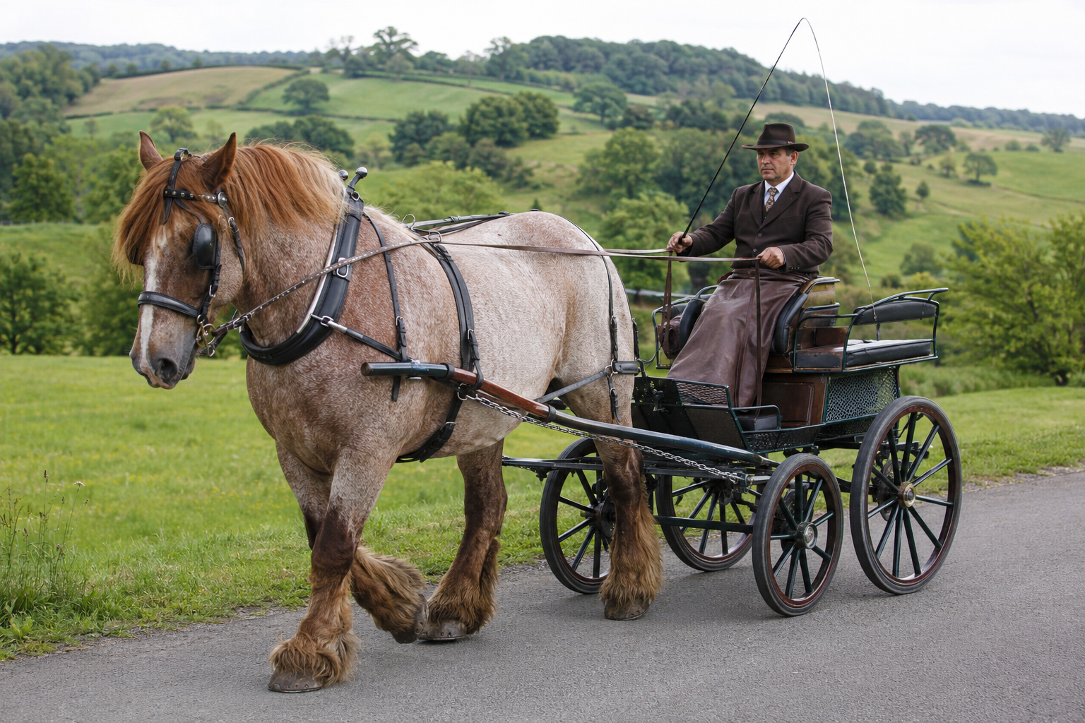 Cheval Auxois rouan en attelage de tradition en Bourgogne