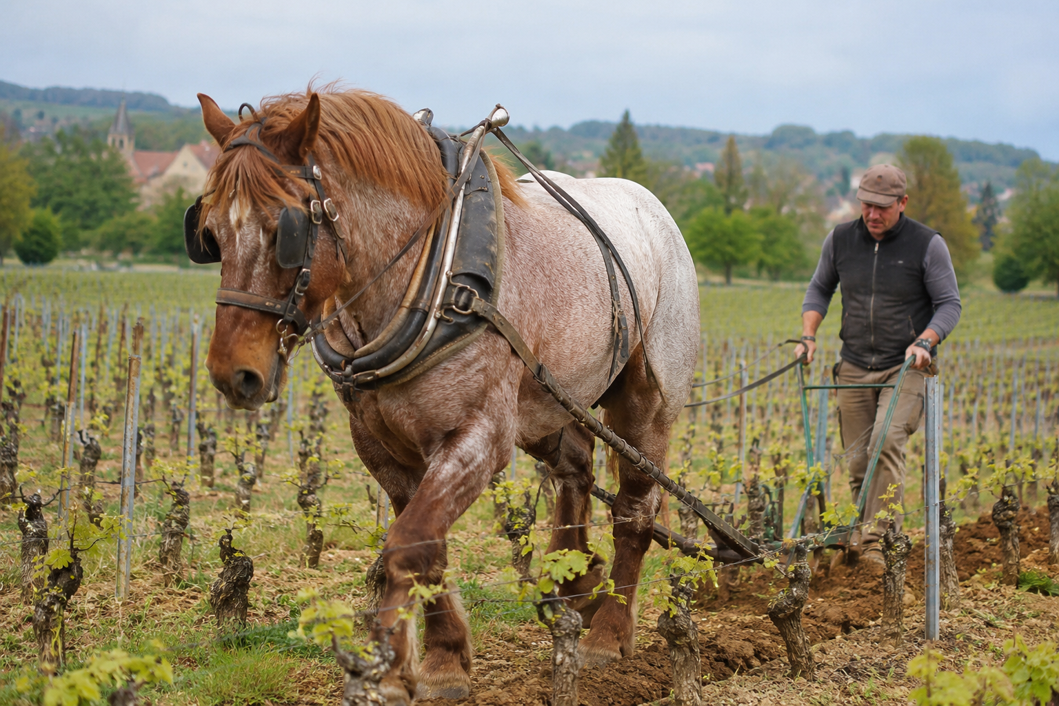 Cheval Auxois rouan travaillant dans une vigne bourguignonne