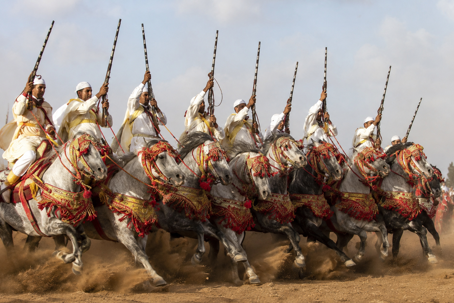 Cheval Barbe gris lancé au galop en fantasia au Maghreb