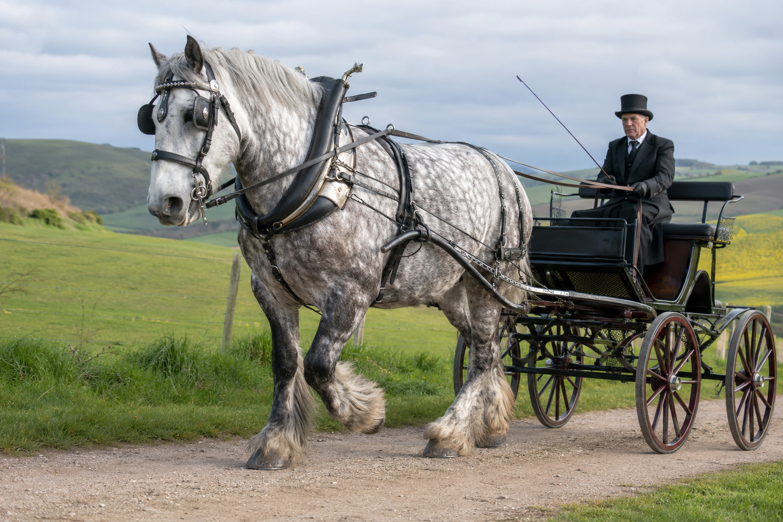 Cheval Boulonnais gris en attelage de tradition