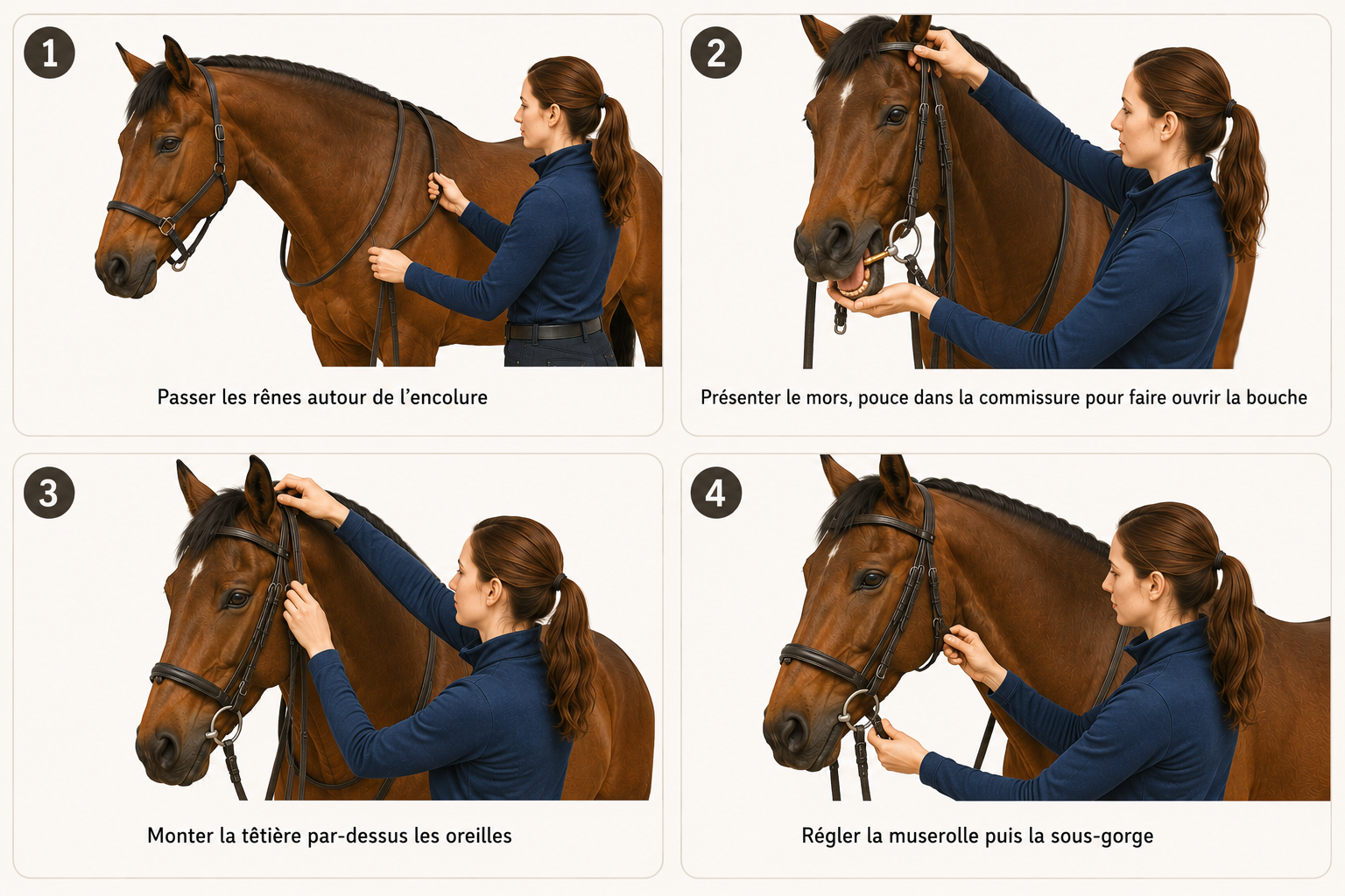 Planche en 4 étapes pour brider un cheval : rênes au cou, présenter le mors, passer la têtière, régler muserolle et sous-gorge