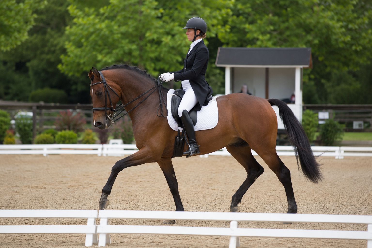 Cheval de sport belge bai monté en dressage