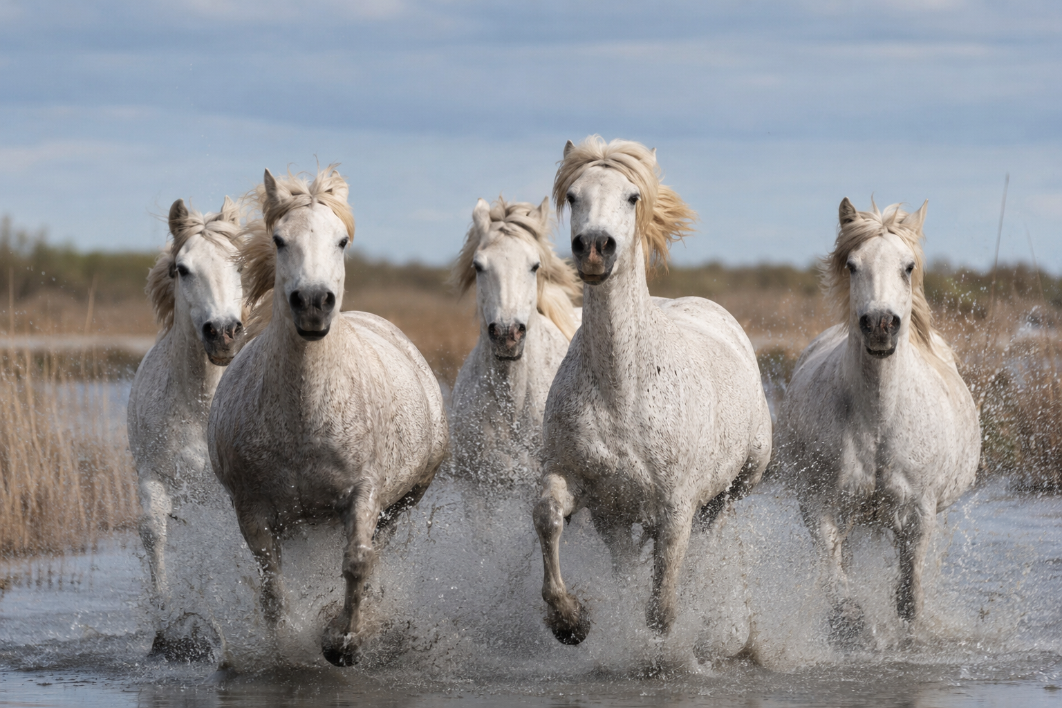 Troupeau de chevaux Camargue gris au galop dans les marais