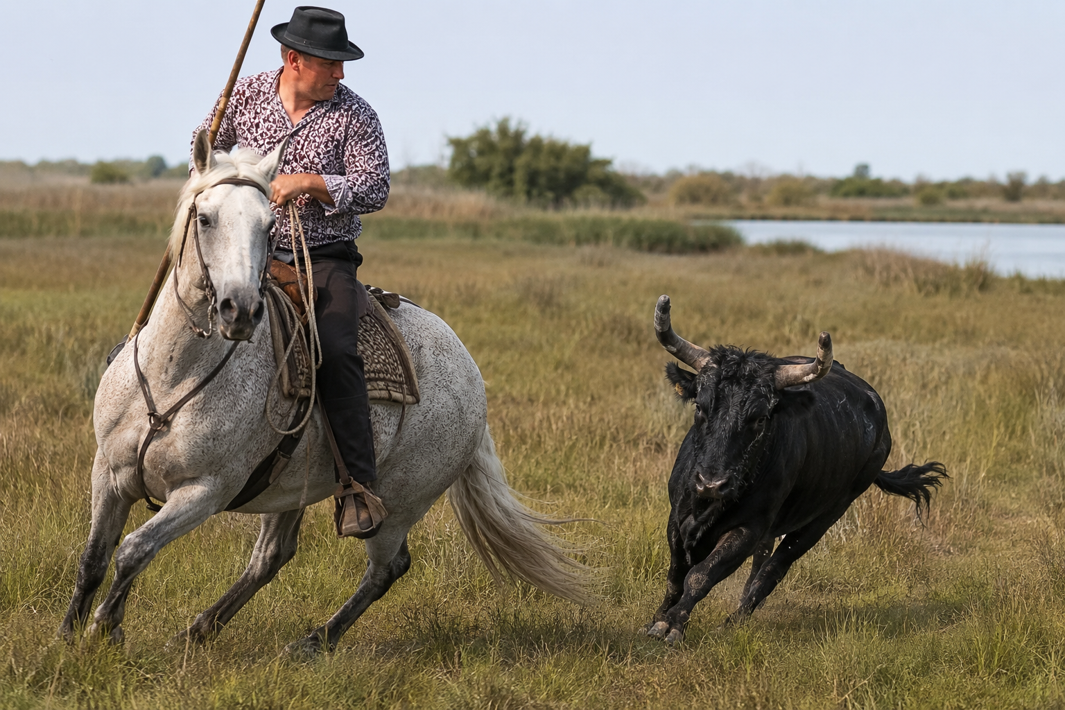 Gardian à cheval Camargue triant un taureau noir de Camargue