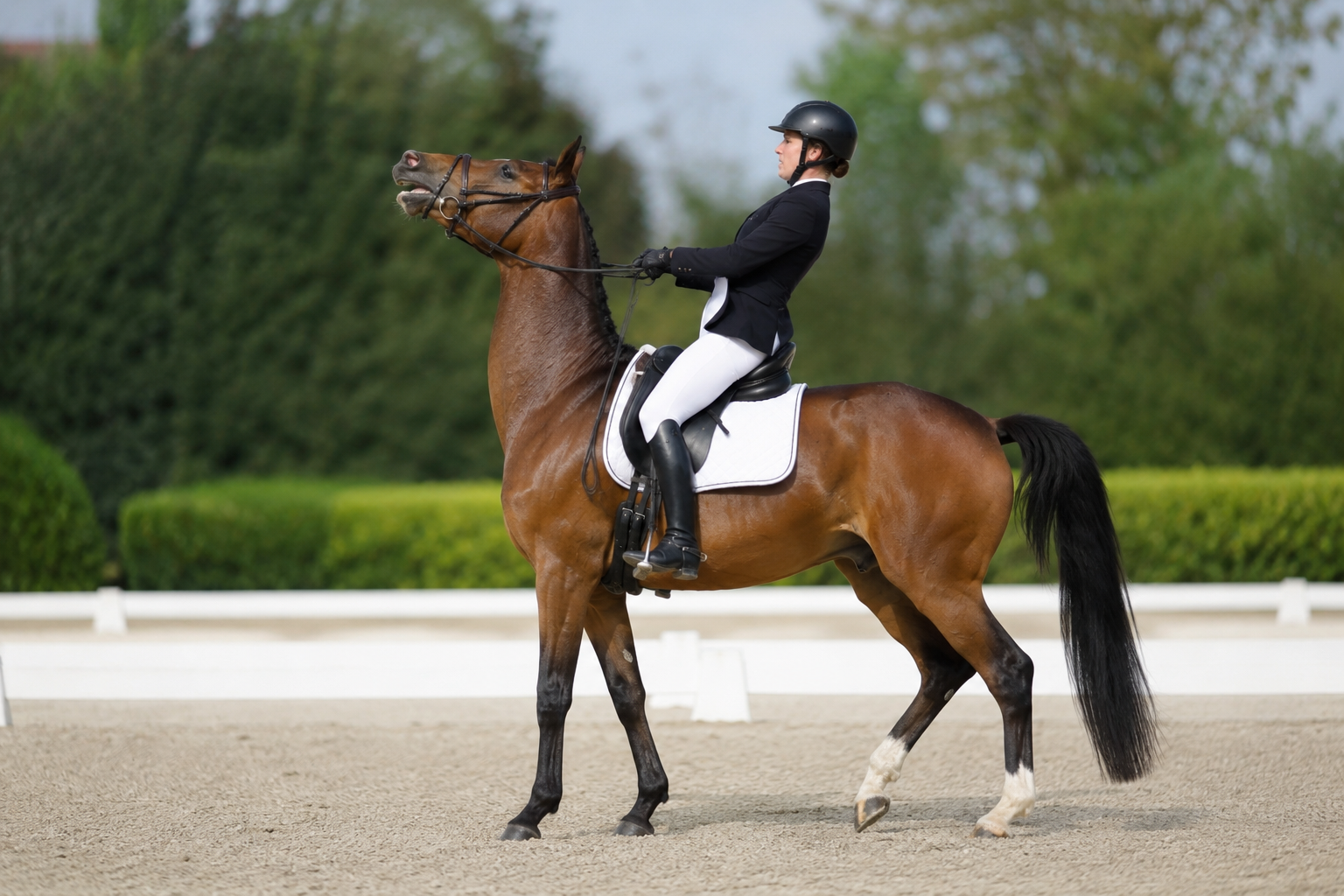 Cheval au-dessus de la main, nez en l'air et dos creux