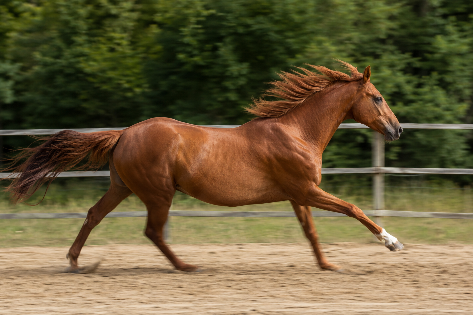 Un cheval au galop, le membre antérieur meneur tendu vers l'avant