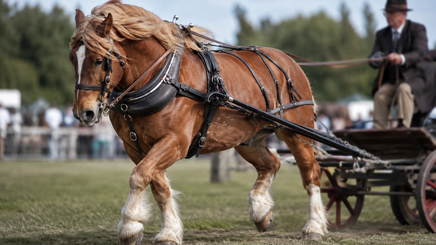 Cheval de trait Breton alezan crins lavés attelé en compétition