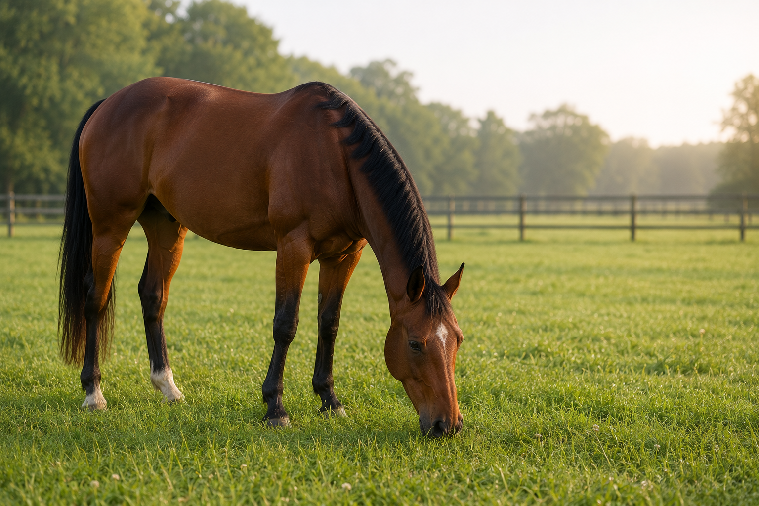 Cheval bai broutant de l'herbe dans un pré vert