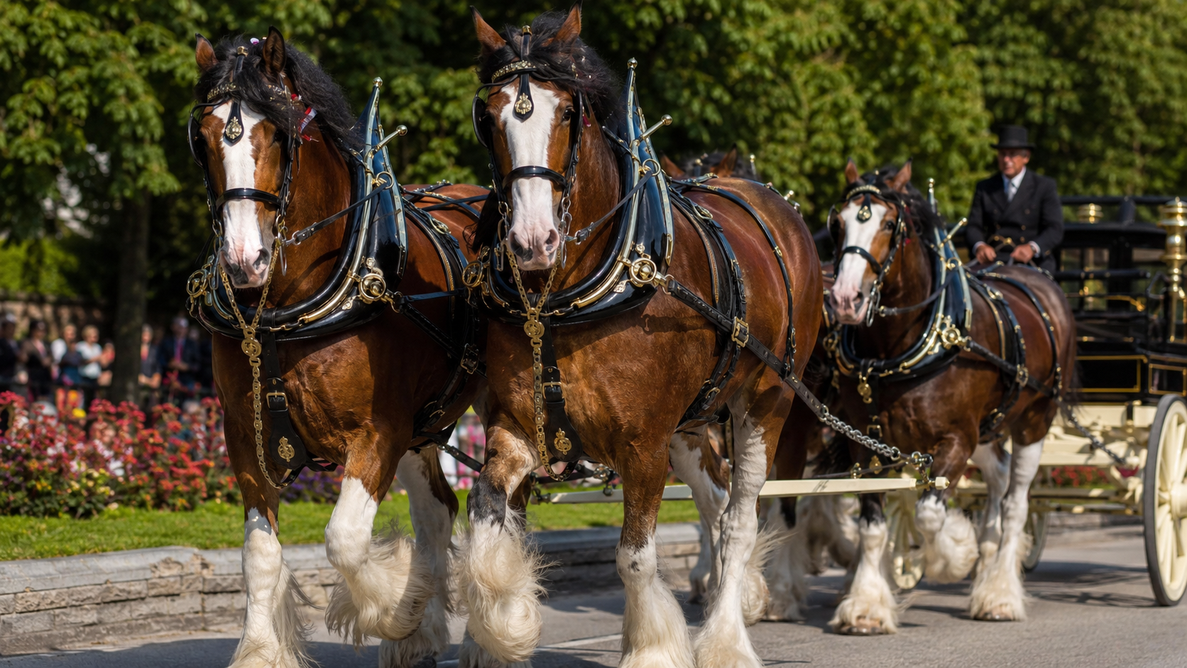 Attelage d'apparat de chevaux Clydesdale bais au harnais astiqué lors d'un défilé