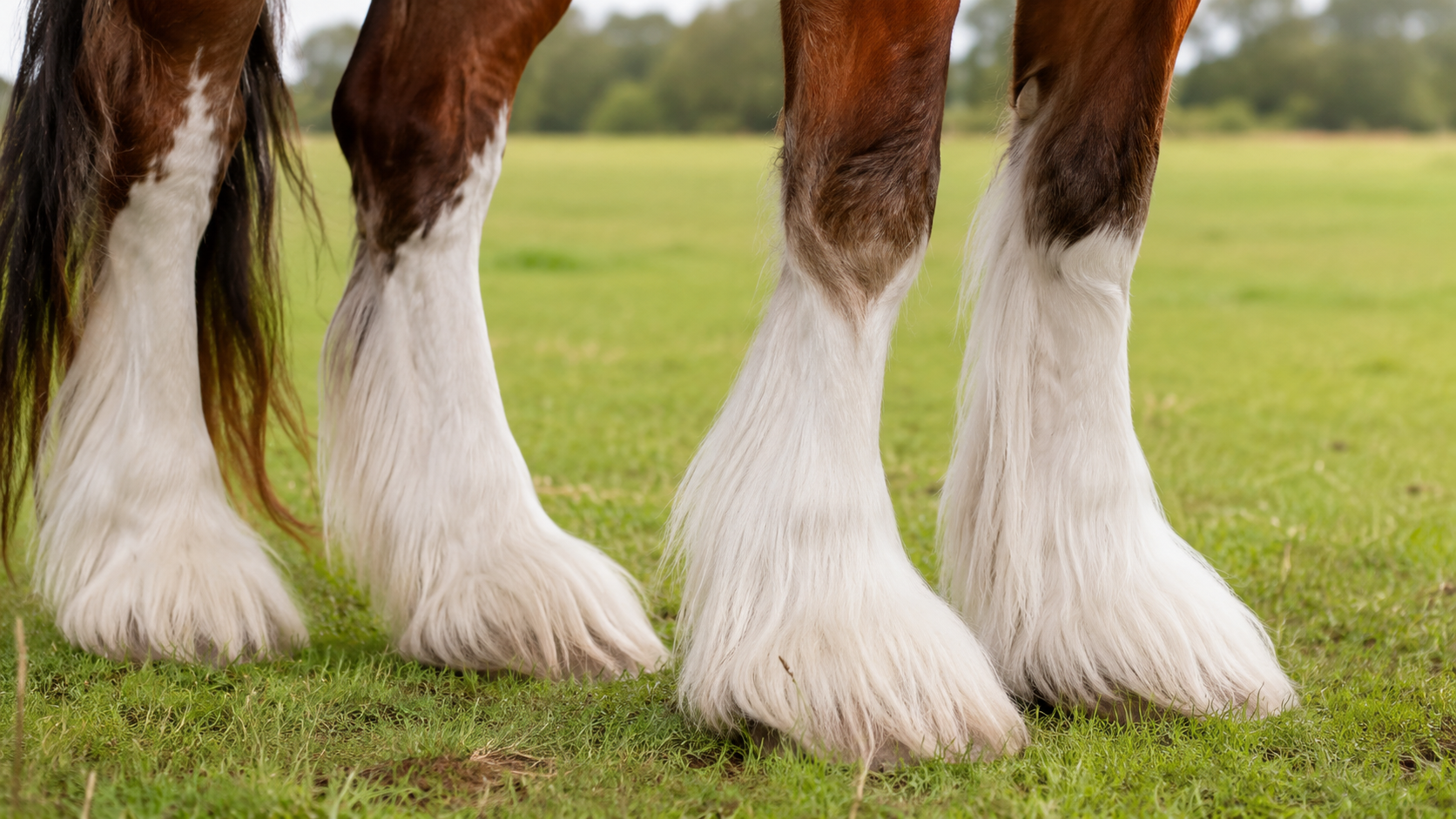 Gros plan des fanons blancs et des grands sabots d'un cheval Clydesdale