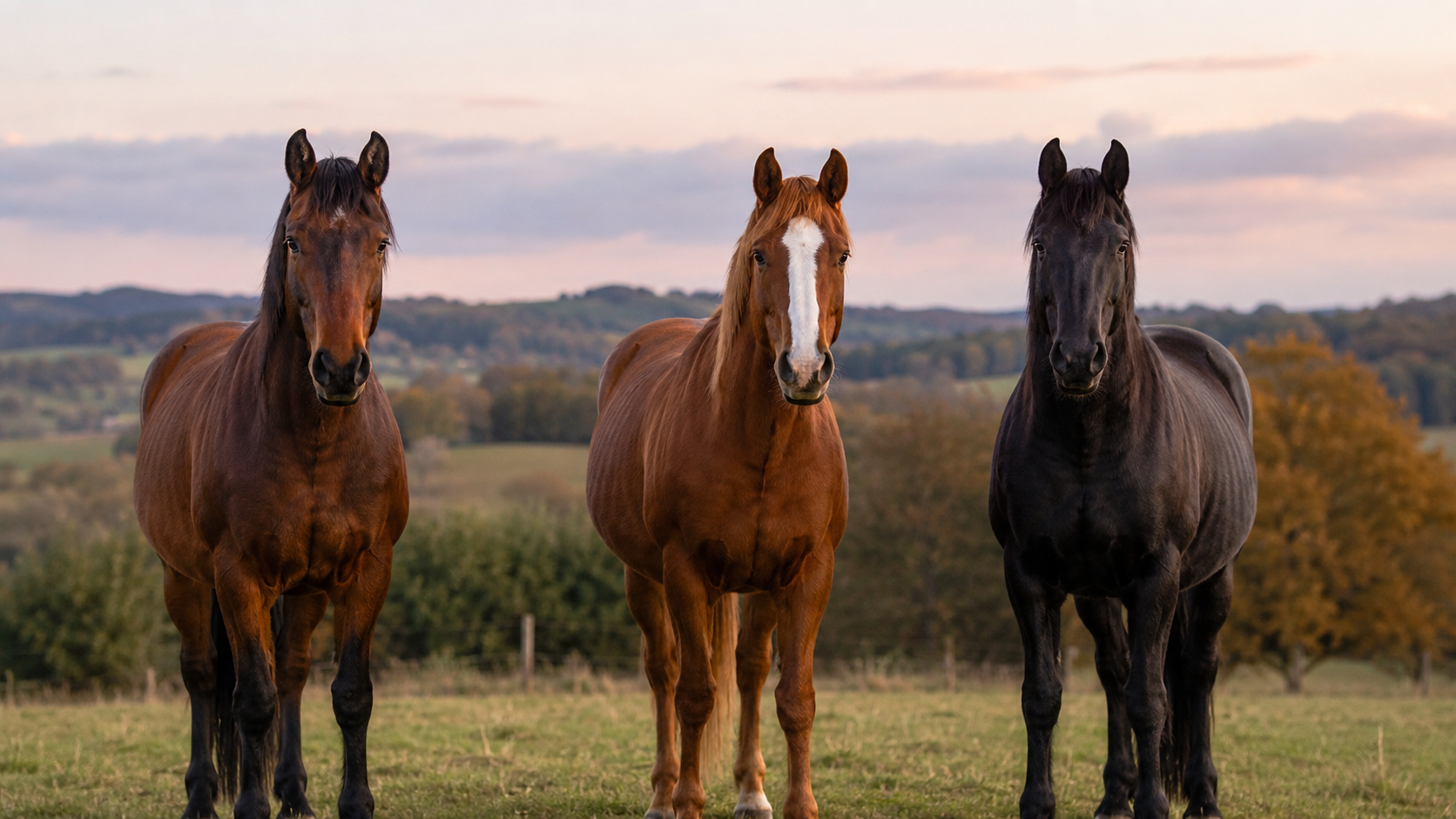 Trois chevaux adultes côte à côte : une jument, un étalon et un hongre