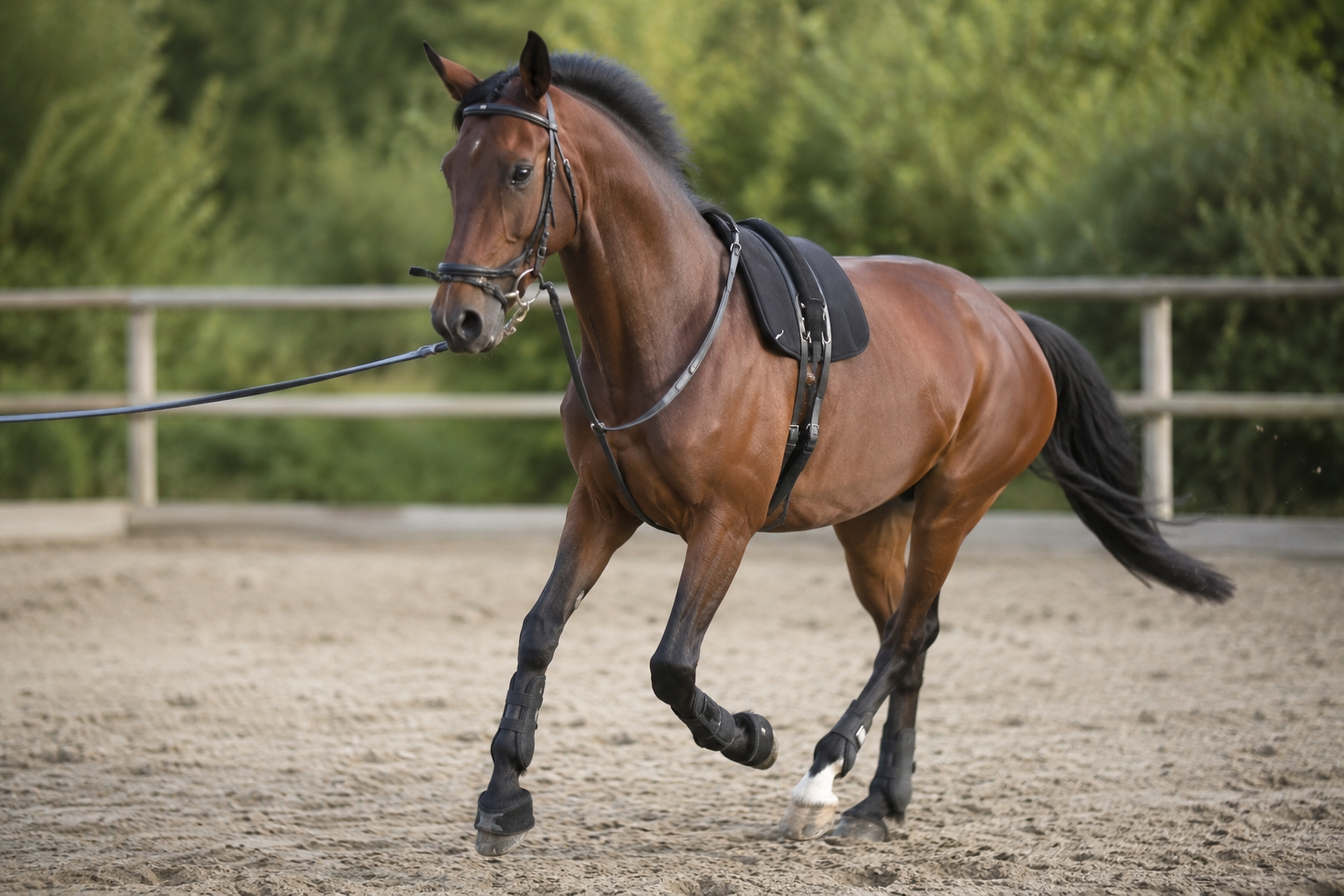 Cheval bai longe au trot sur le cercle
