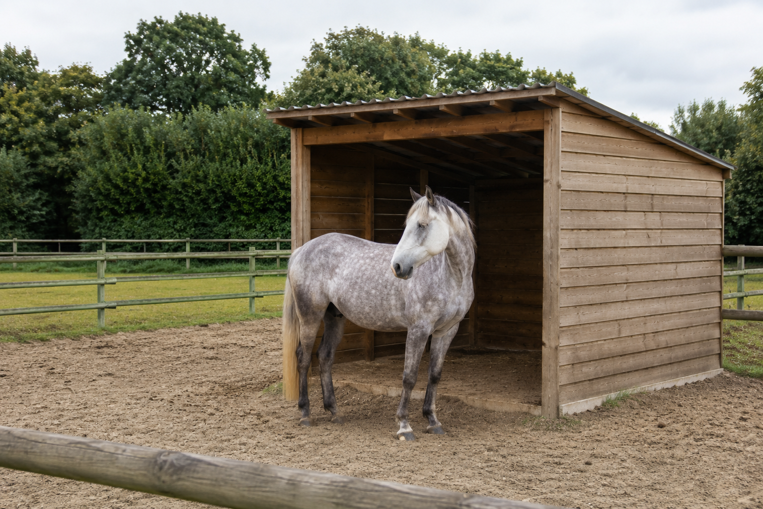Cheval dans un paddock avec un abri de pré