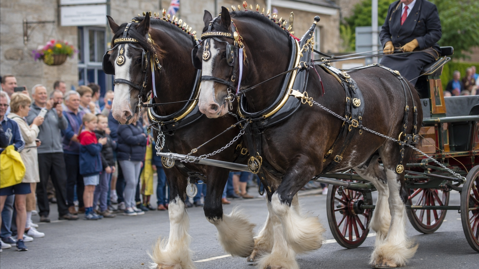 Attelage de chevaux Shire bais lors d'un défilé, harnais d'apparat