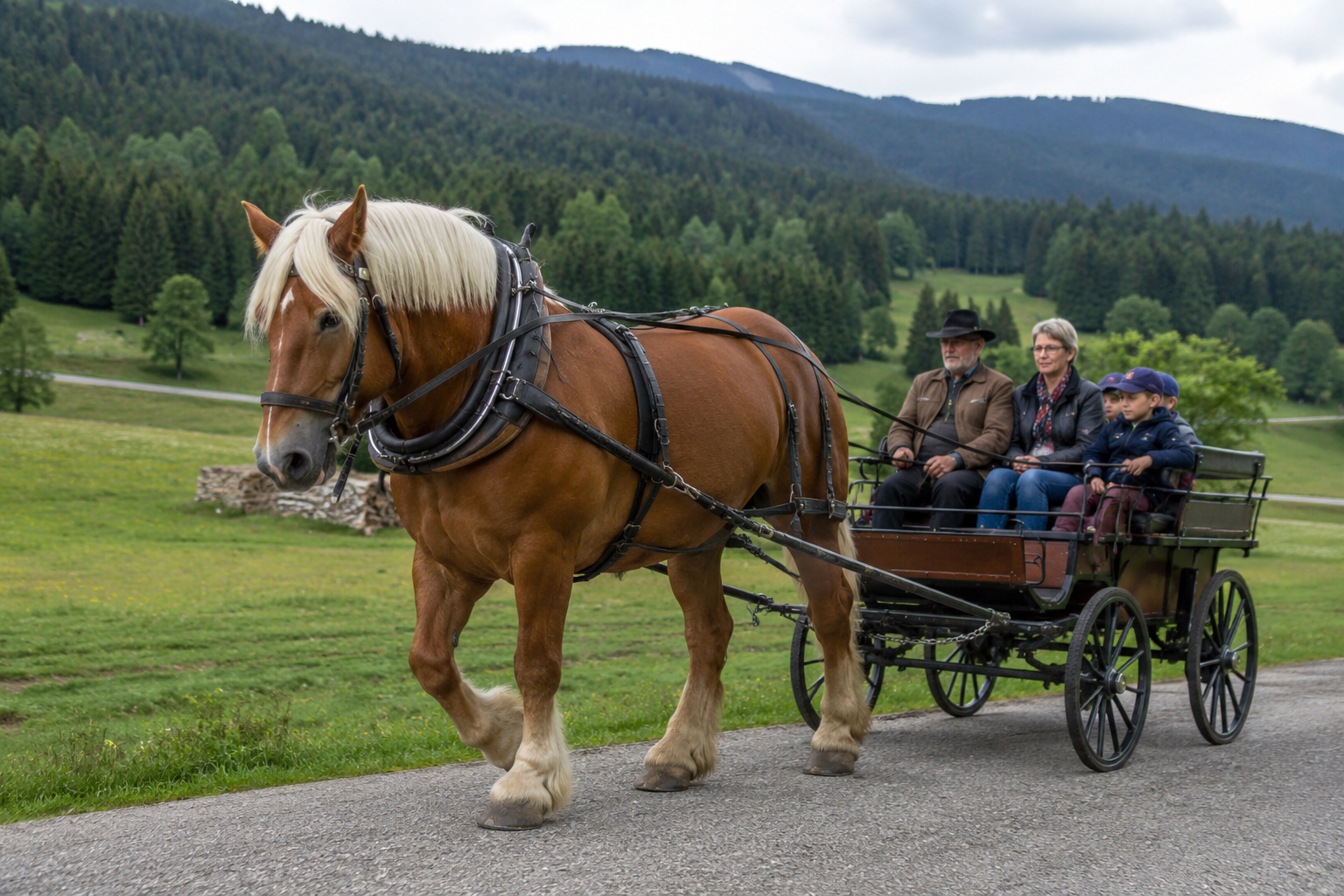 Cheval Comtois alezan en attelage de loisir