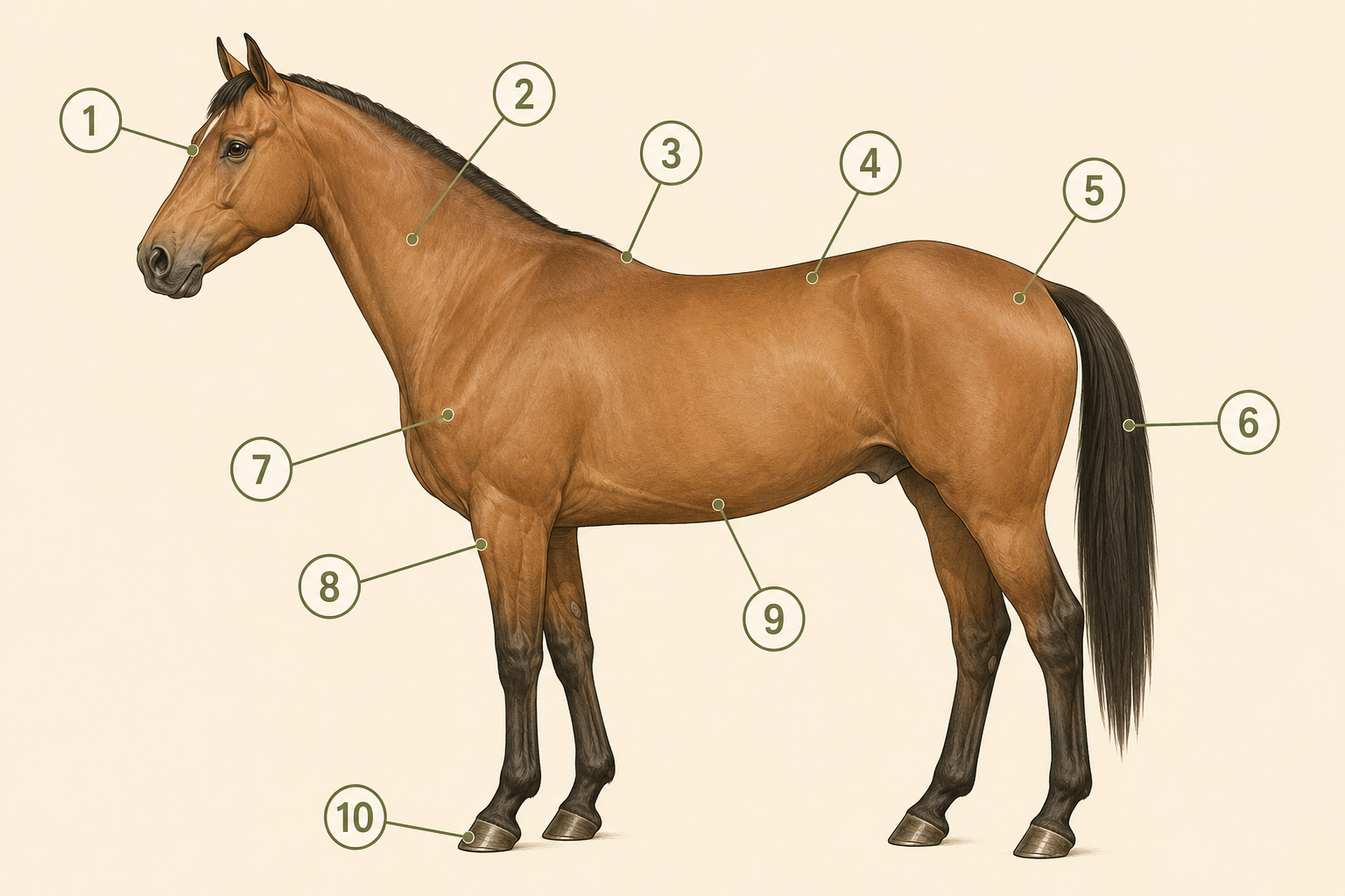 Schéma à compléter : les parties du corps du cheval numérotées de 1 à 10