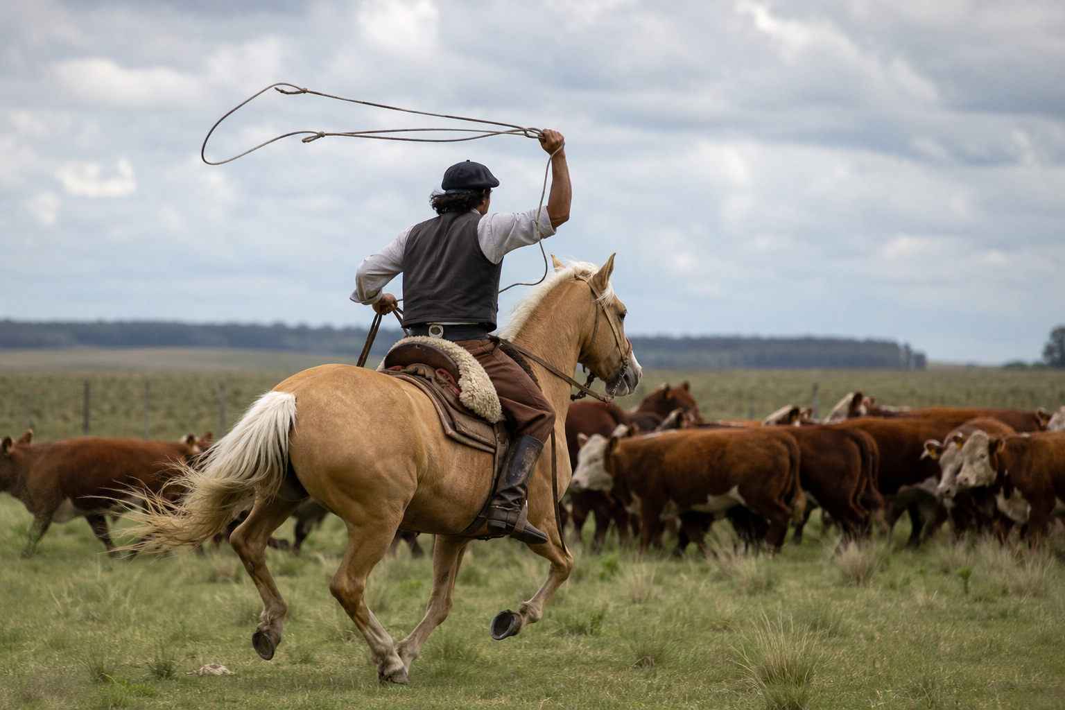 Gaucho montant un cheval Criollo au travail du bétail dans la Pampa