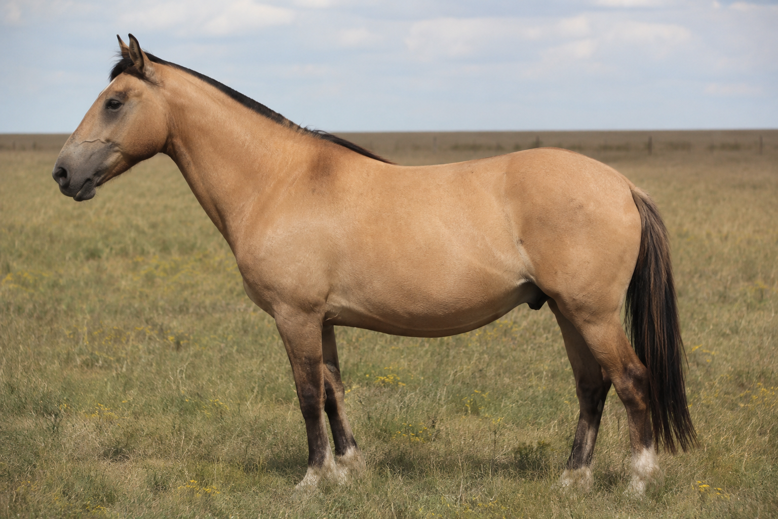 Cheval Criollo isabelle à raie de mulet en pied dans la plaine