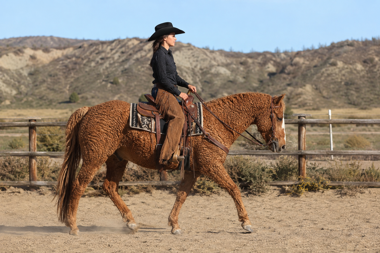 Cheval Curly alezan monté en équitation western de loisir