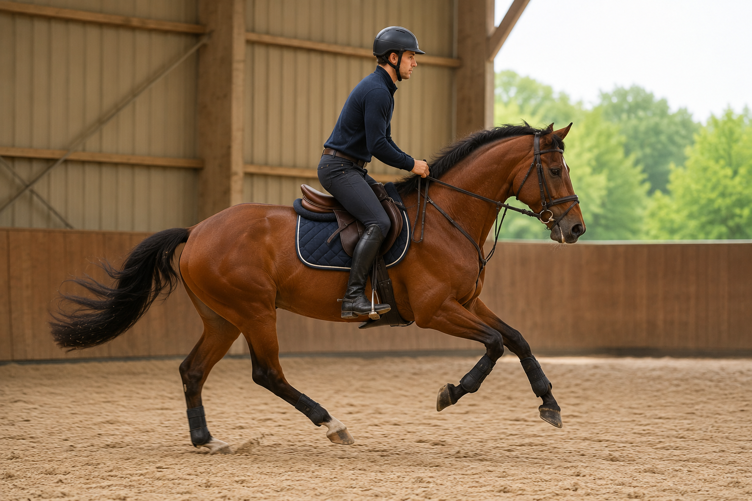 Cavalier demandant le départ au galop à son cheval dans un manège