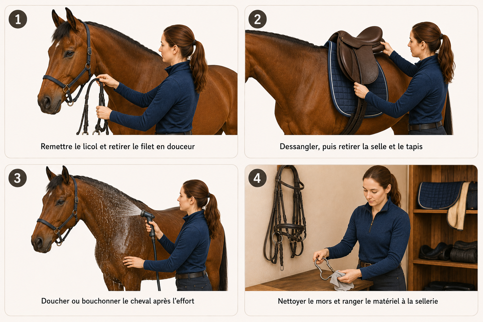 Planche en 4 étapes pour desseller et ranger après la séance : remettre le licol et retirer le filet, dessangler et retirer la selle, doucher le cheval, nettoyer le mors et ranger