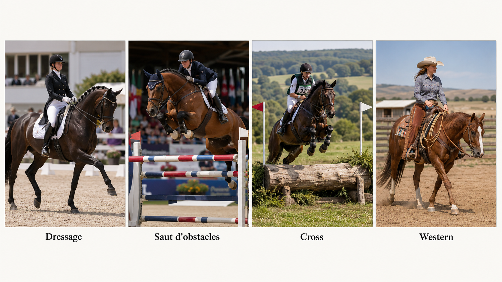 Quatre disciplines équestres : dressage, saut d'obstacles, cross, western