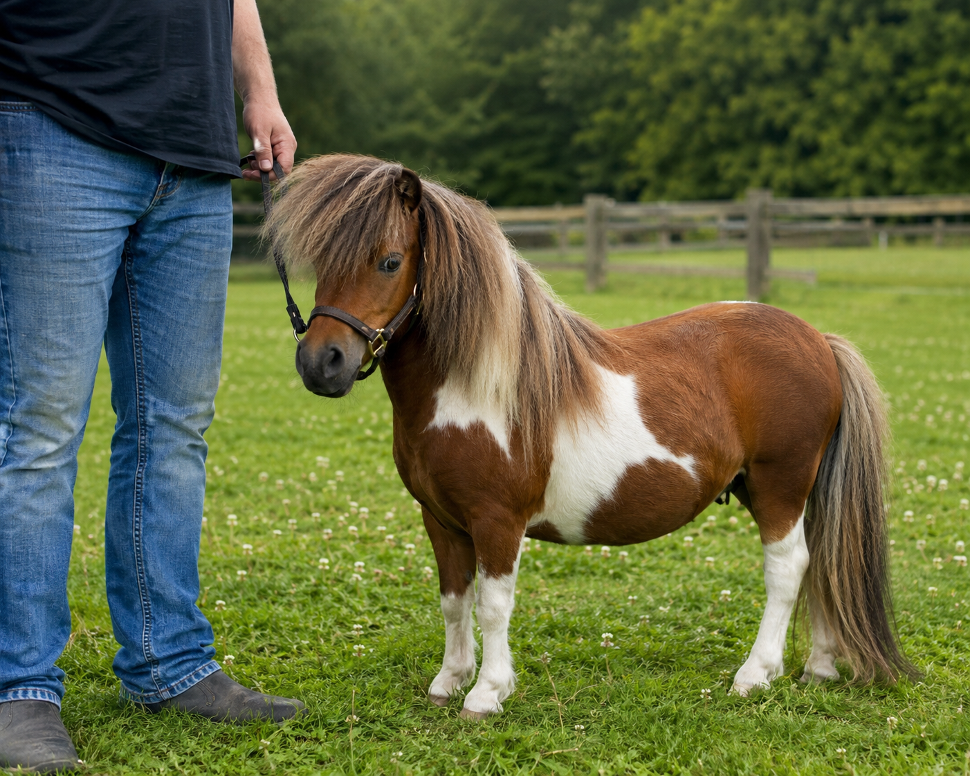 Falabella miniature à côté d'une personne montrant sa très petite taille
