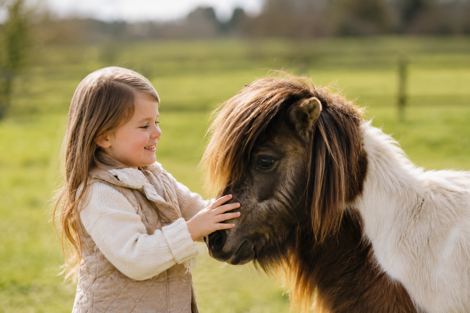 Jeune enfant caressant un Falabella en médiation animale