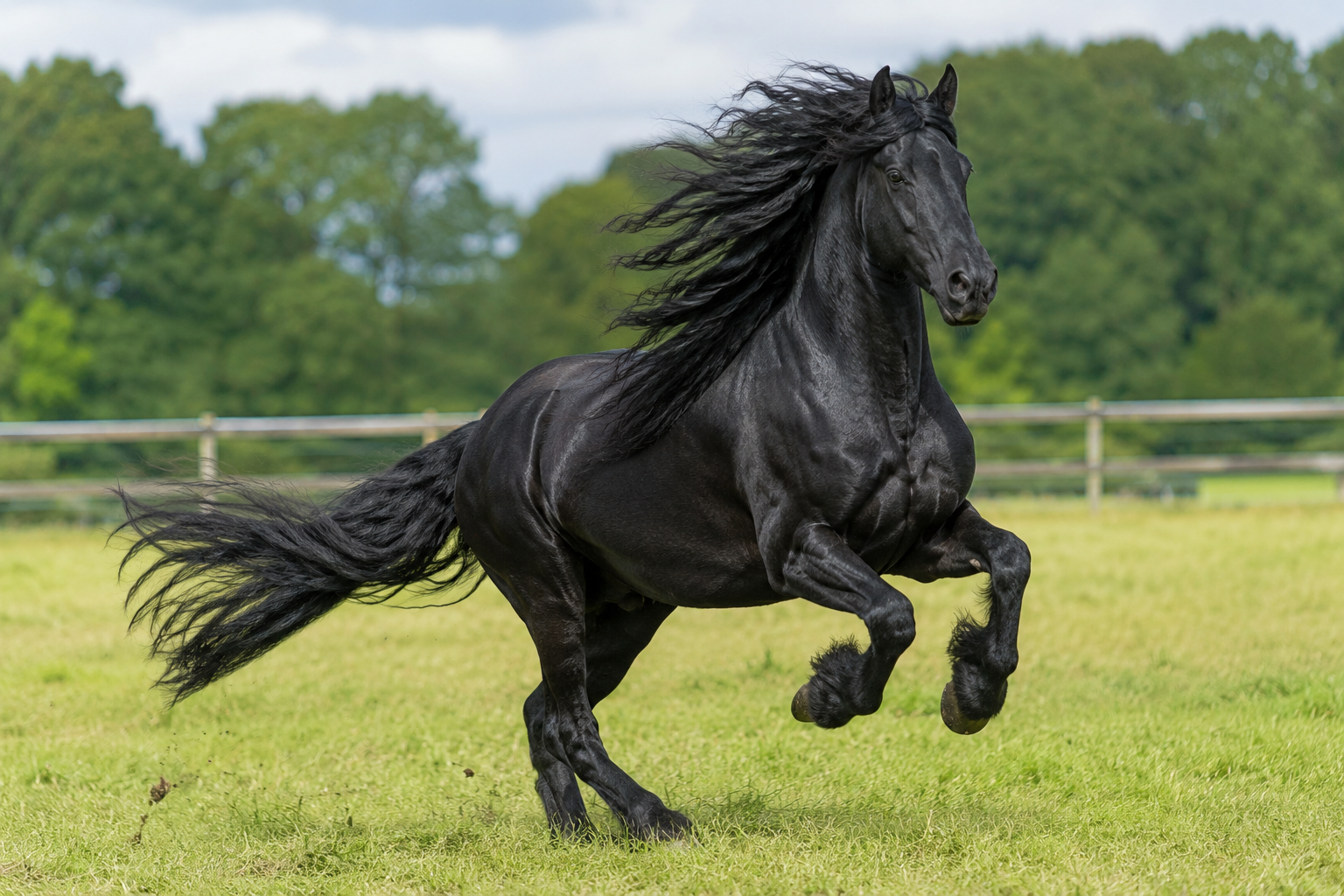 Cheval frison noir au galop en liberté, crins au vent