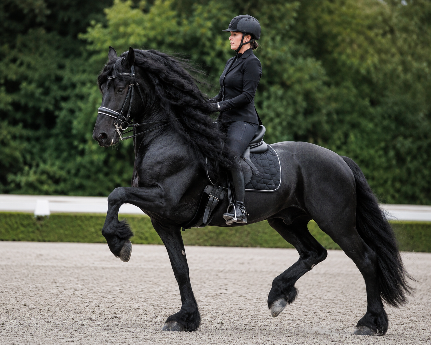 Cheval frison noir monté en dressage, trot relevé