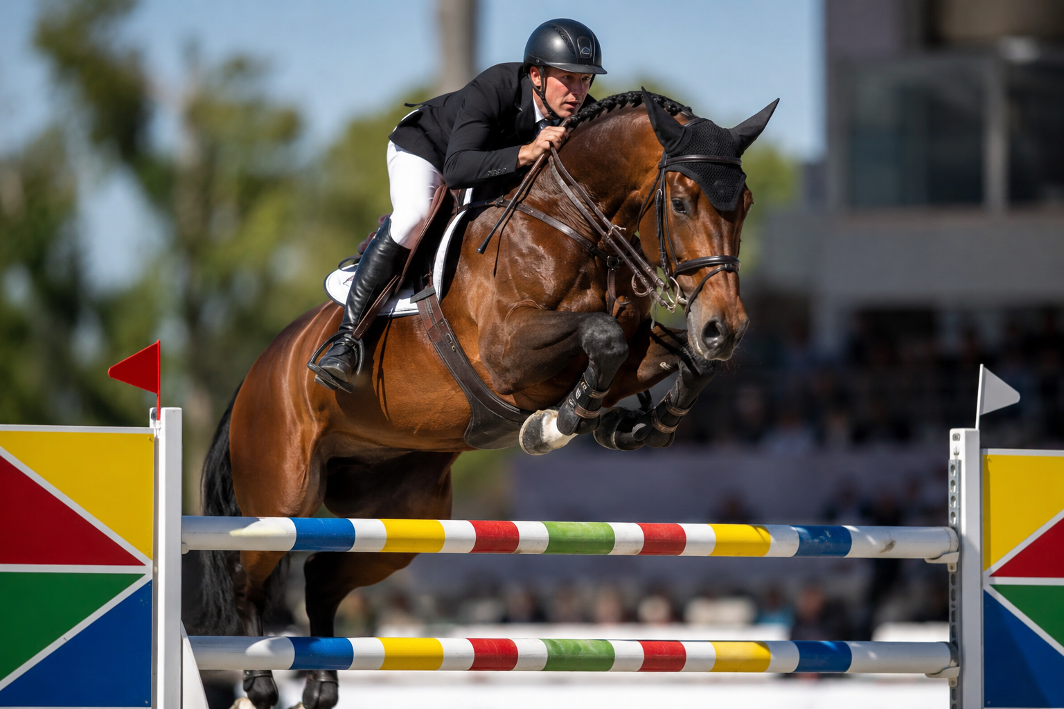 Cheval Hanovrien bai franchissant un grand obstacle de saut