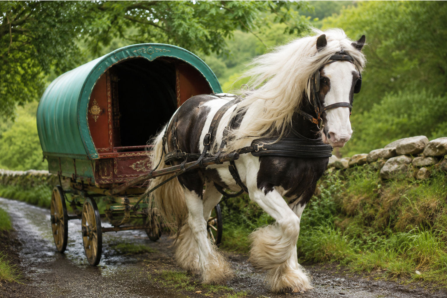 Irish Cob pie en attelage tractant une roulotte