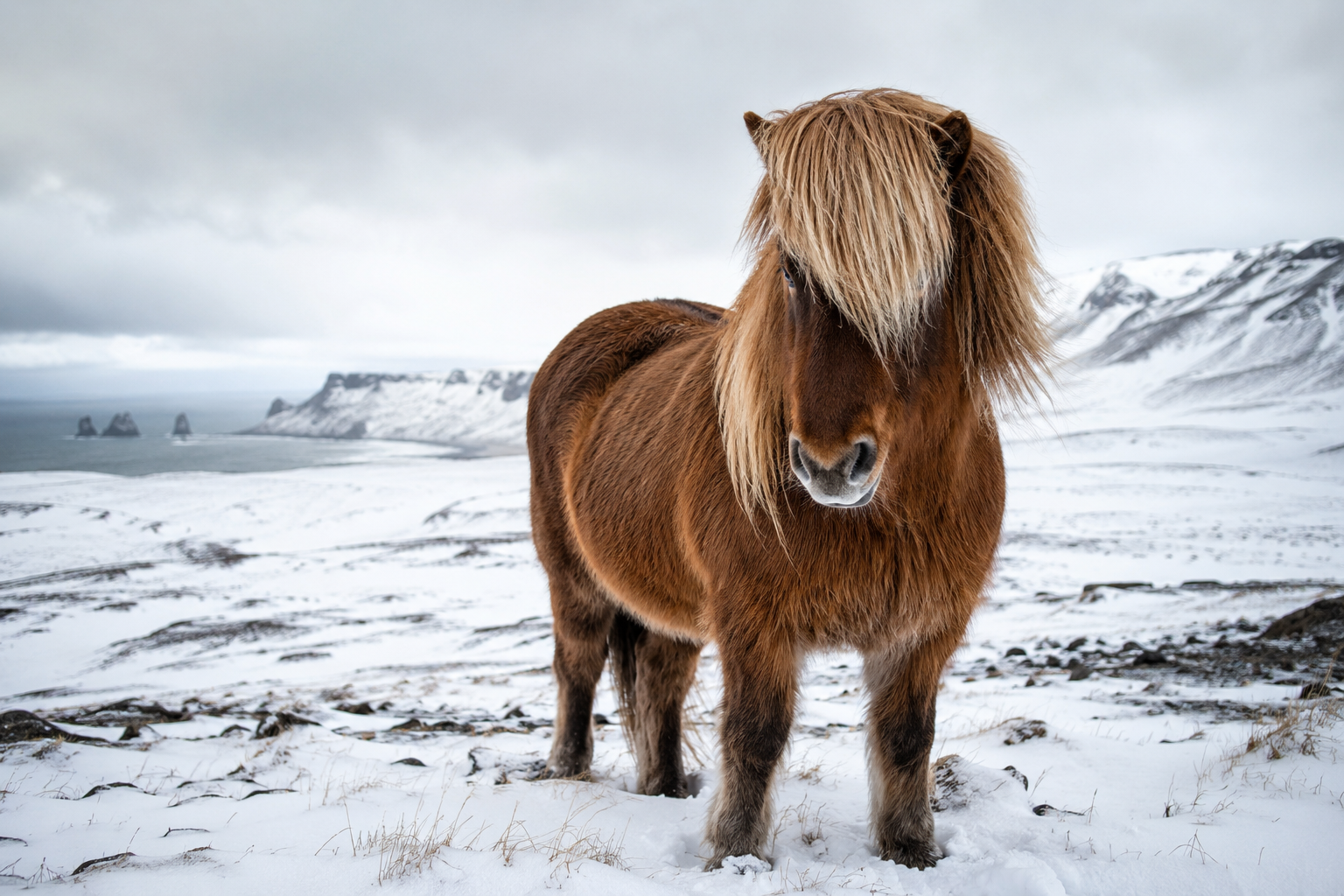 Cheval Islandais au poil d'hiver épais dans la neige