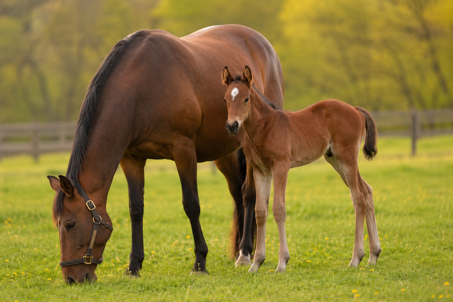 Une jument et son poulain nouveau-né au pré au printemps