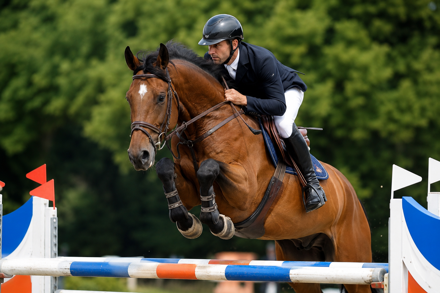 Cheval KWPN bai franchissant un grand obstacle de saut