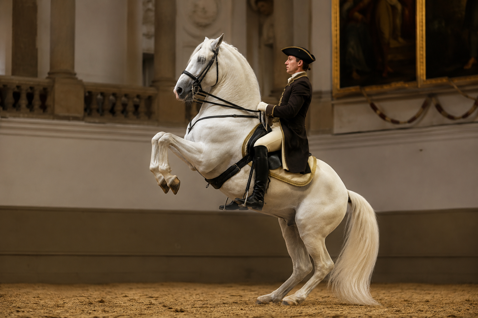 Cheval Lipizzan blanc exécutant une levade de haute école