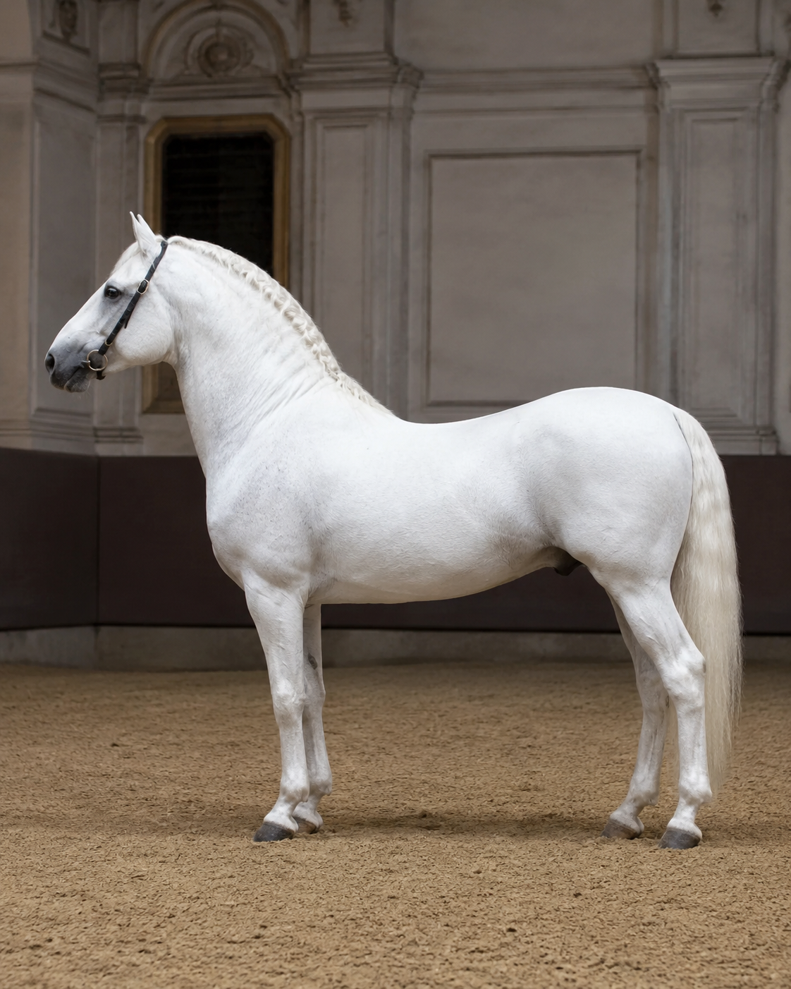 Portrait en pied d'un cheval Lipizzan blanc baroque