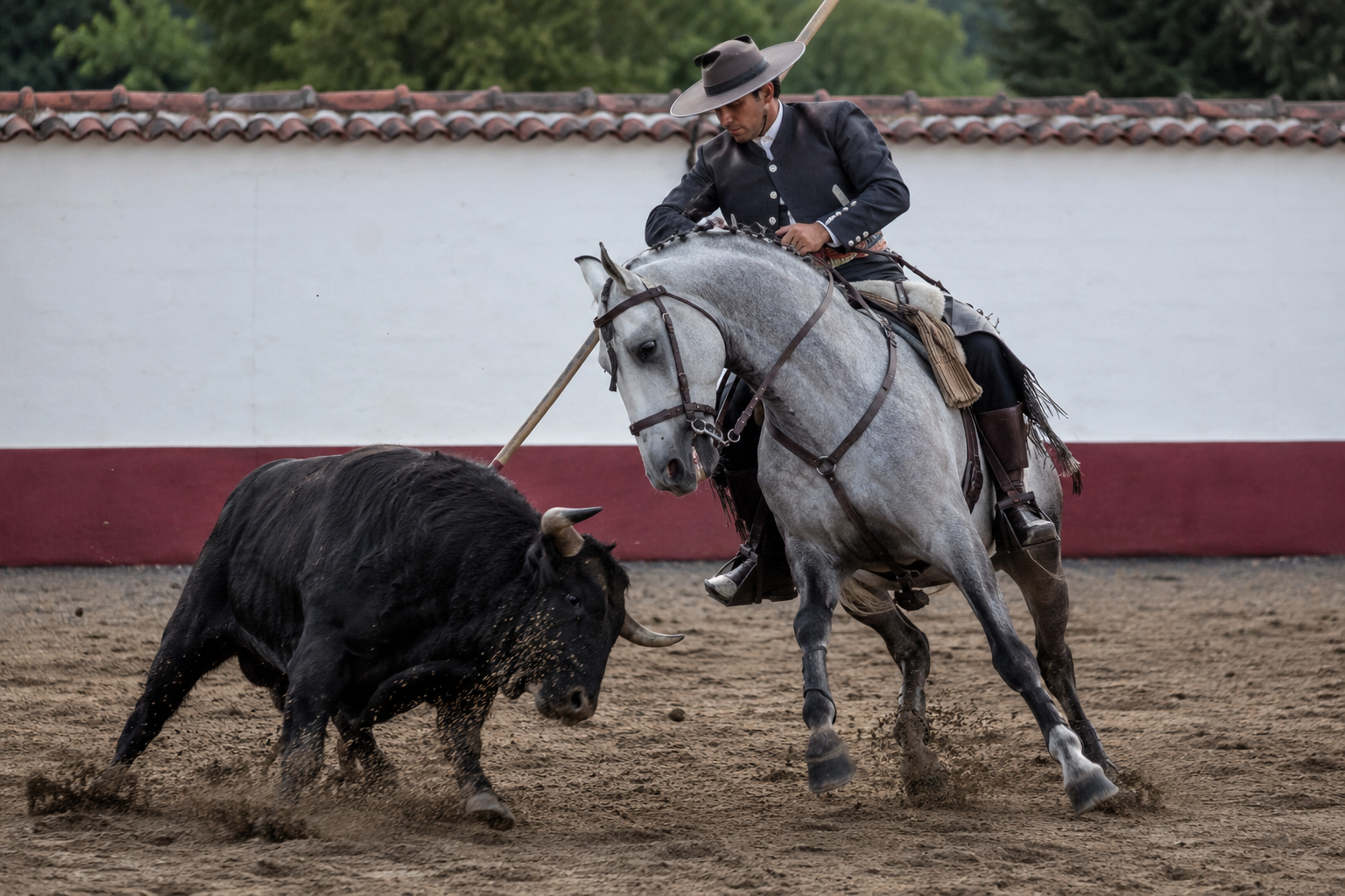 Cheval lusitanien gris en équitation de travail face à un taureau