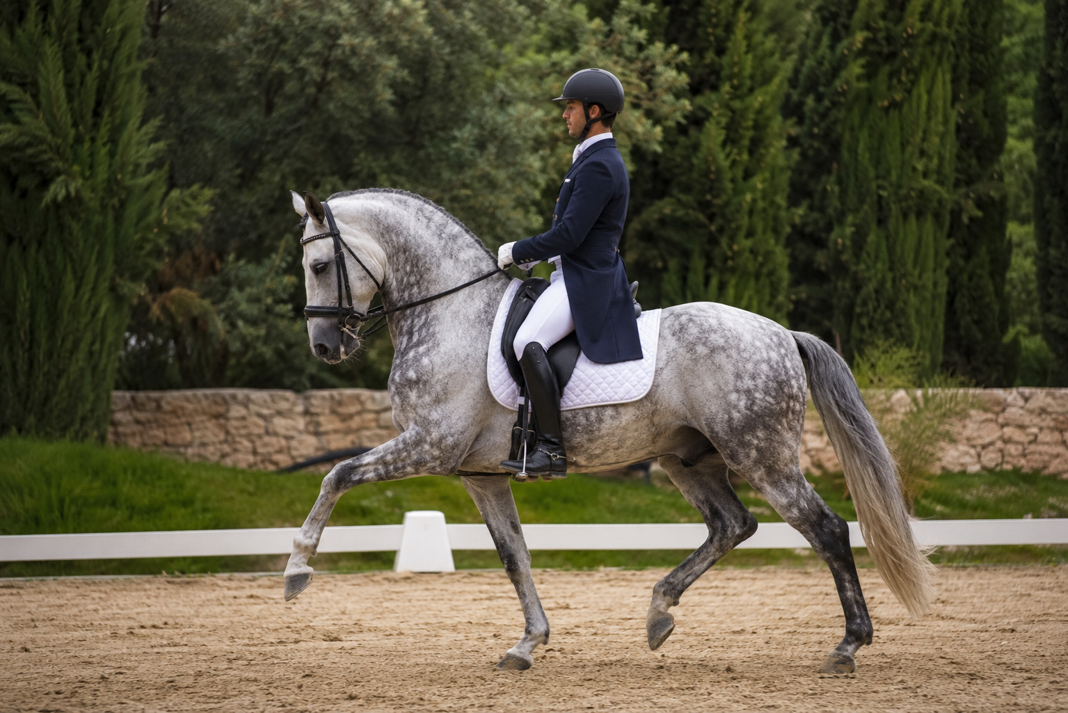 Cheval lusitanien gris monté en dressage, attitude rassemblée