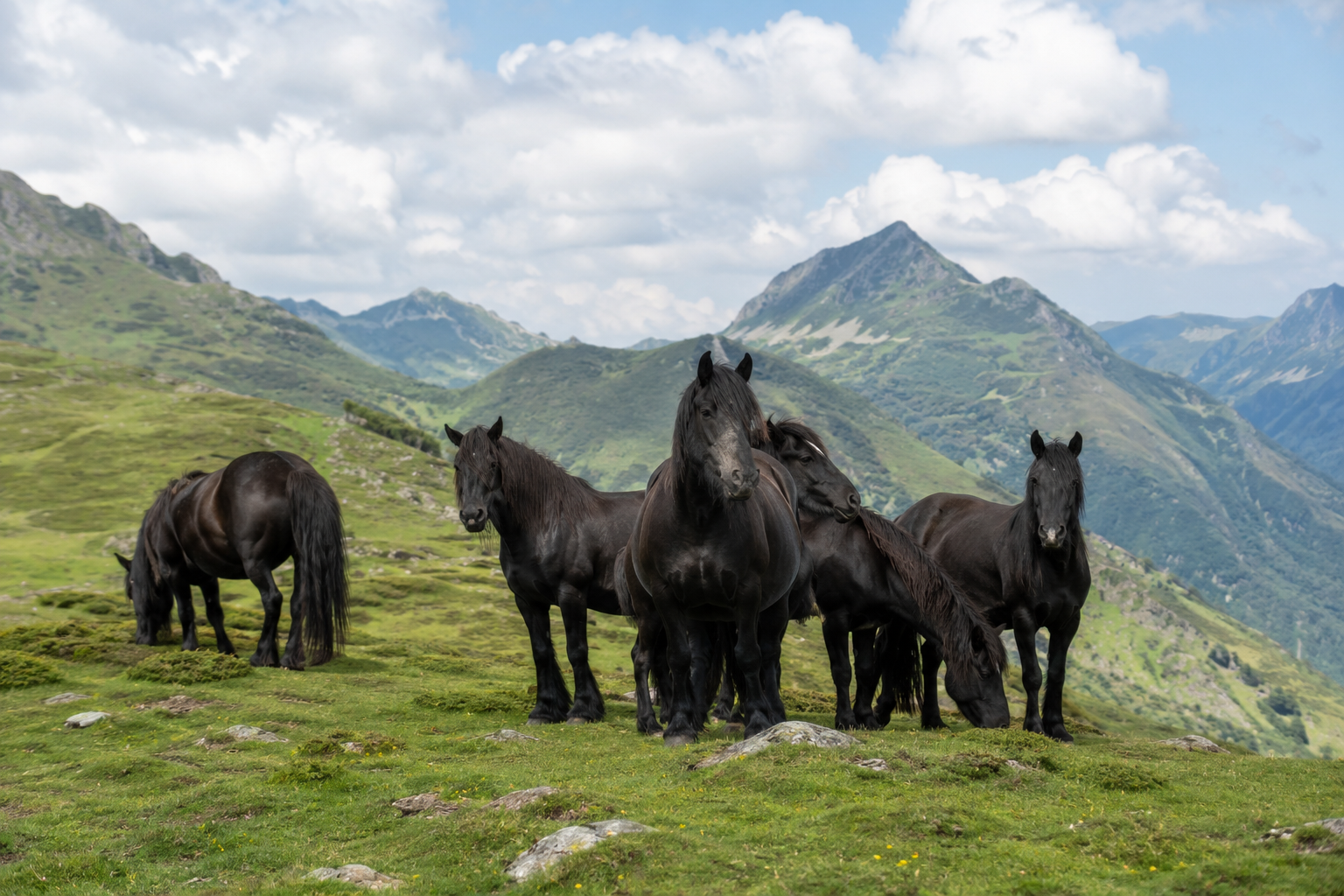Troupeau de chevaux Mérens noirs en liberté dans une estive pyrénéenne