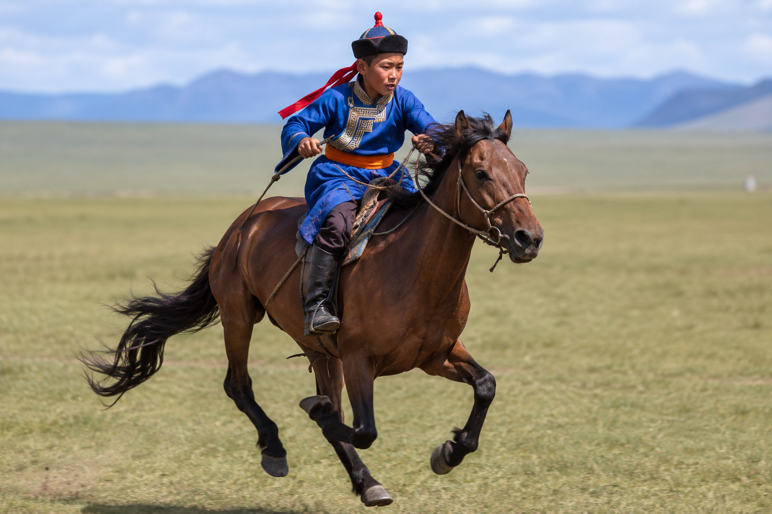 Cheval Mongol au galop monté par un jeune cavalier lors d'une course du Naadam