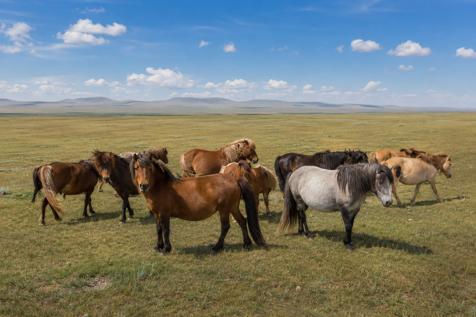 Troupeau de chevaux Mongols en semi-liberté dans la steppe