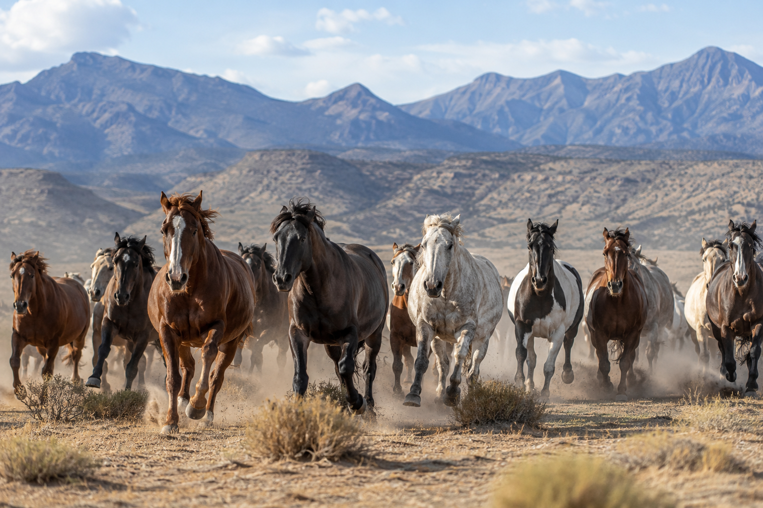 Troupeau de Mustangs au galop dans une plaine de l'Ouest américain