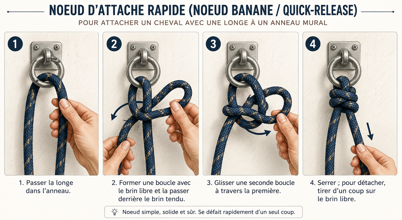 Tuto en 4 étapes du nœud d'attache rapide pour attacher un cheval