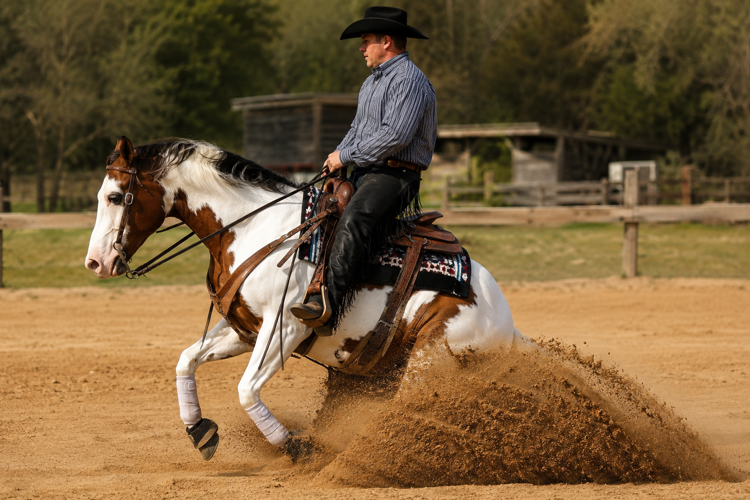 Paint Horse pie monté en équitation western, manoeuvre de reining
