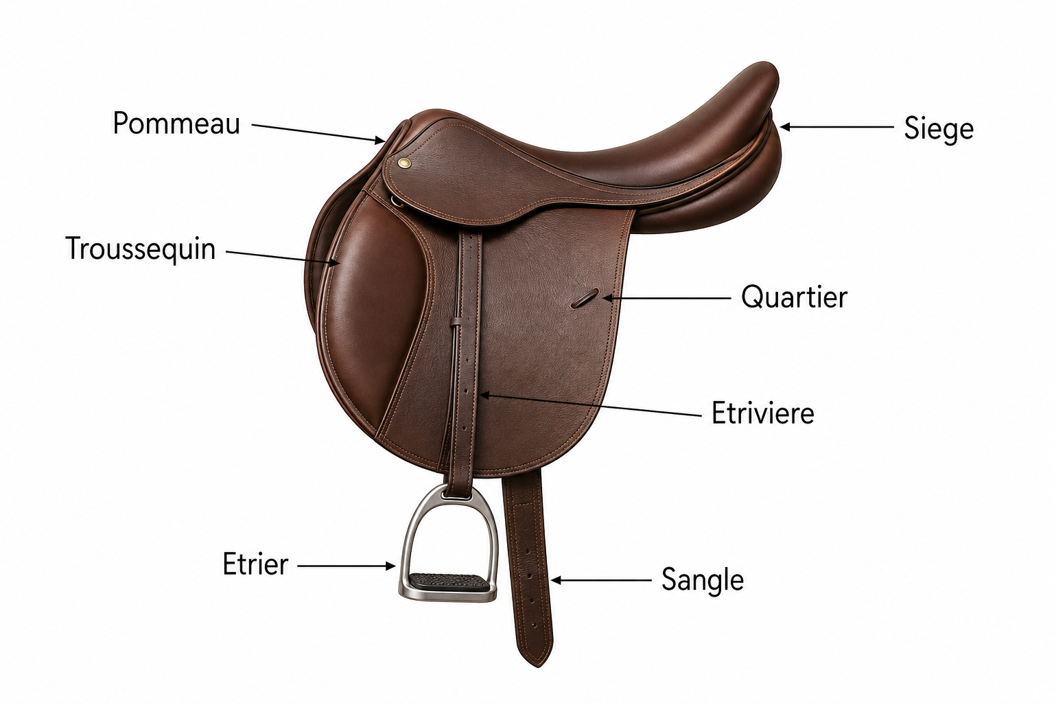 Schema des parties de la selle : pommeau, troussequin, siege, quartier, etriviere, etrier, sangle
