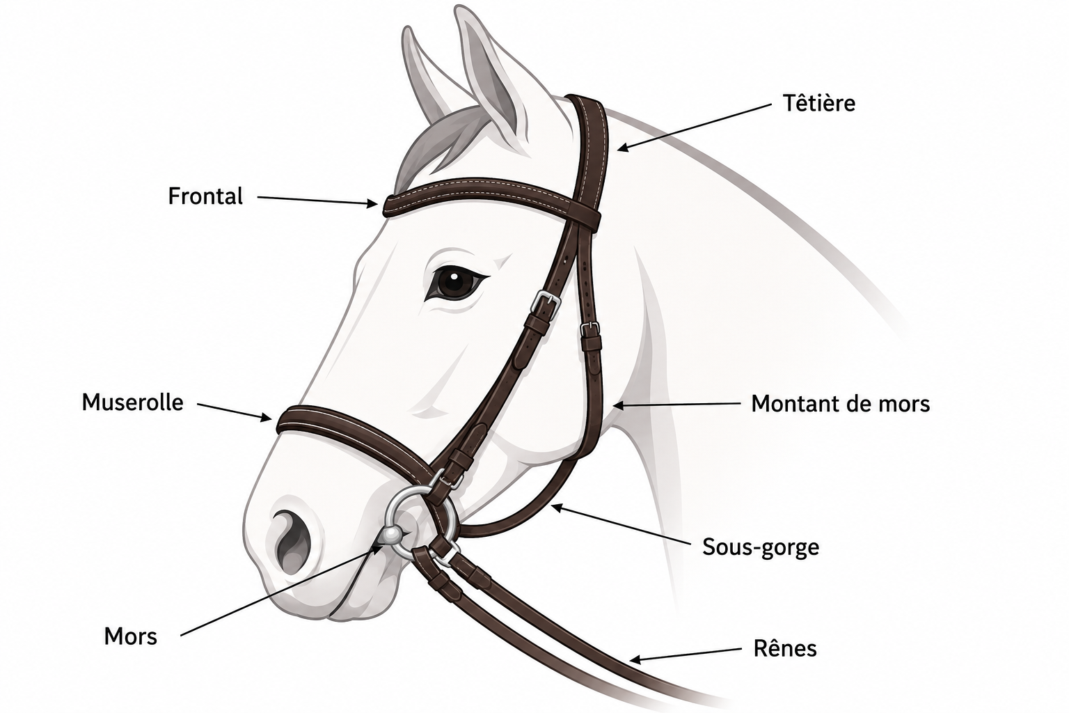 Schema des parties du filet du cheval : tetiere, frontal, muserolle, mors, sous-gorge, renes